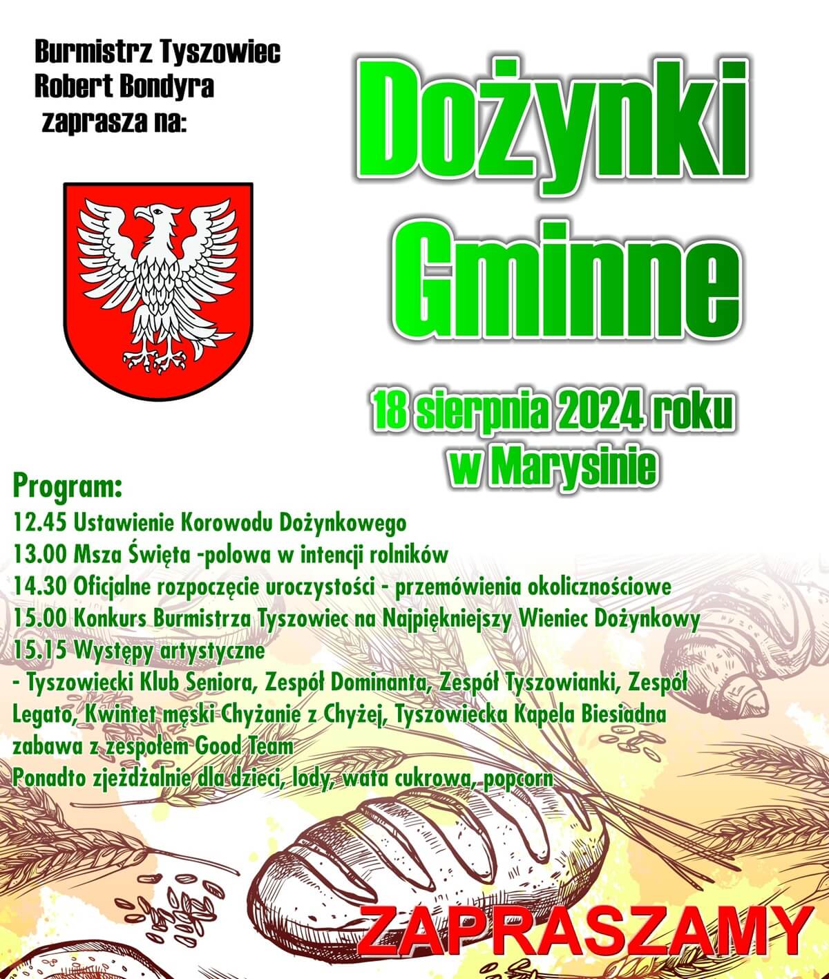 Dożynki w Marysinie 2024. Zabawa taneczna z zespołami. Zobacz godzinowy program 1 Dożynki w Marysinie 2024 - plakat, program wydarzenia
