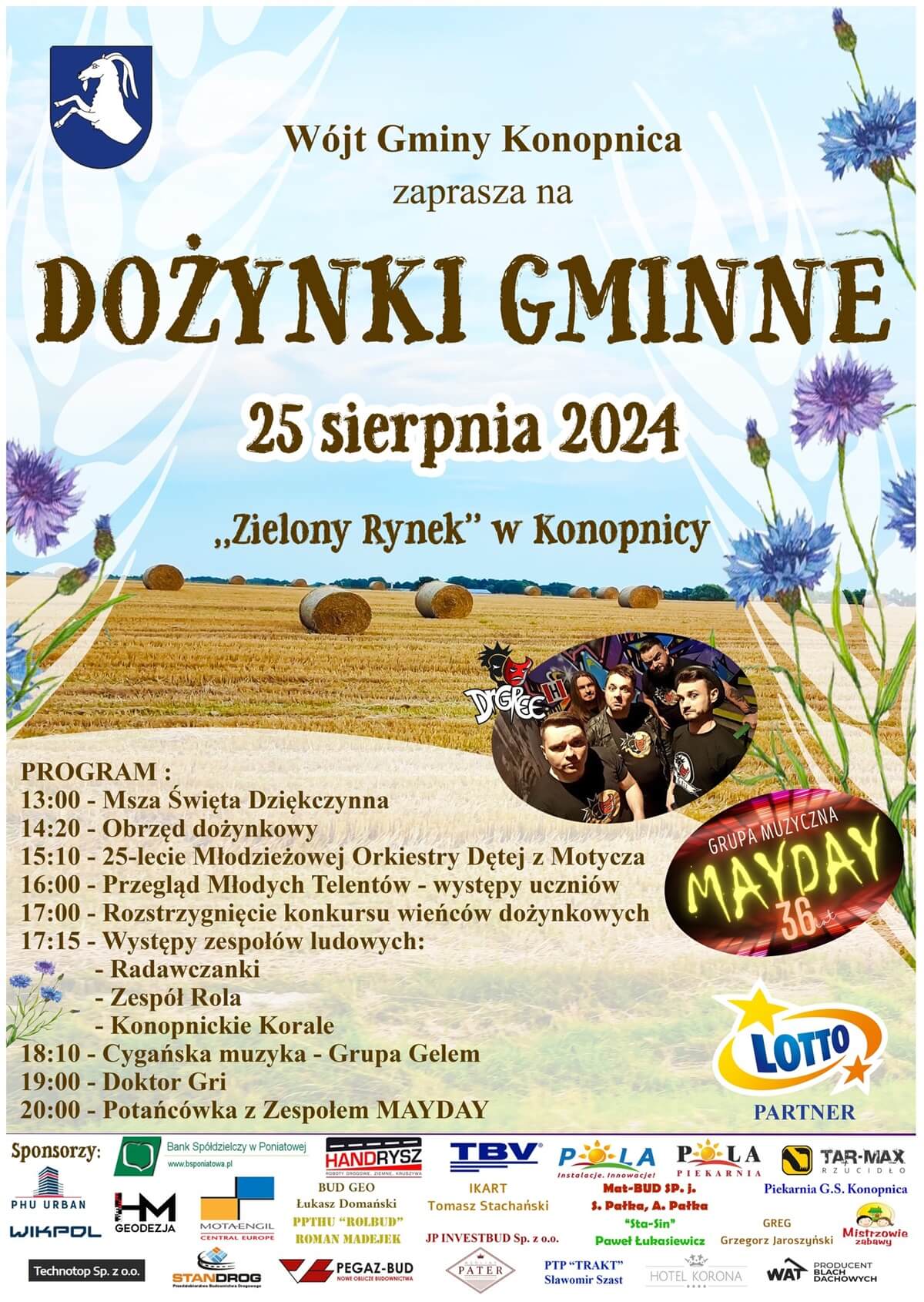Dożynki w Konopnicy 2024. Występy lokalnych artystów i zaproszonych zespołów. Zobacz godzinowy program 1 Dożynki w Konopnicy 2024 - plakat, program wydarzenia