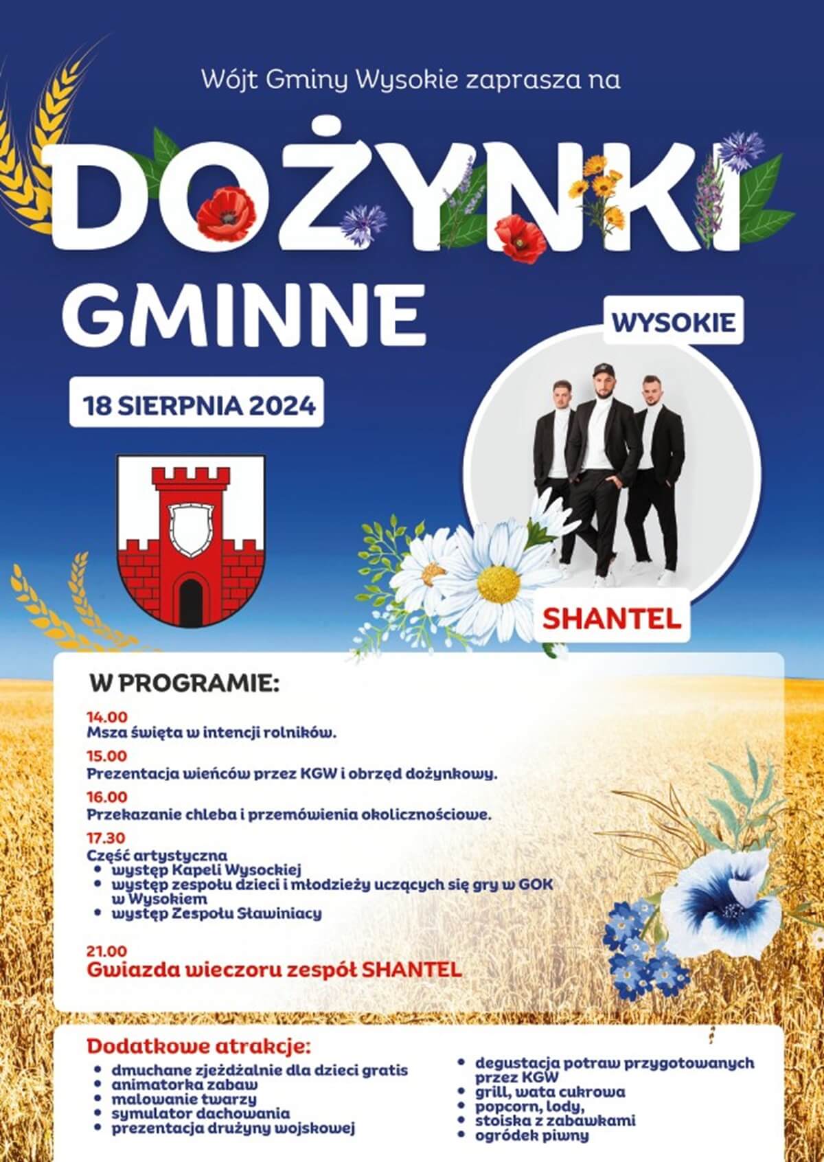 Dożynki w Wysokiem 2024. Gwiazdą imprezy zespół Shantel. Zobacz godzinowy program 1 Dożynki w Wysokiem 2024 - plakat, program wydarzenia
