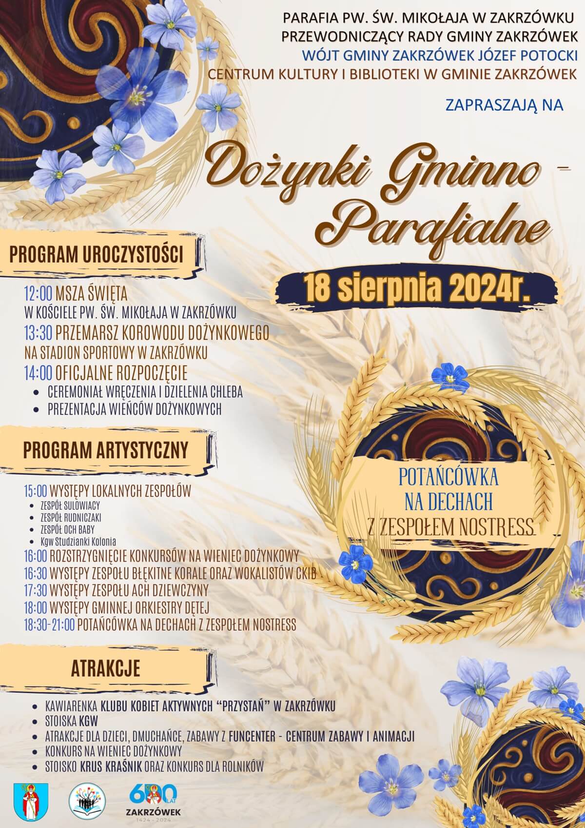 Dożynki w Zakrzówku 2024. Potańcówka z zespołem Nostress. Zobacz godzinowy program 1 Dożynki w Zakrzówku 2024 - plakat, program wydarzenia