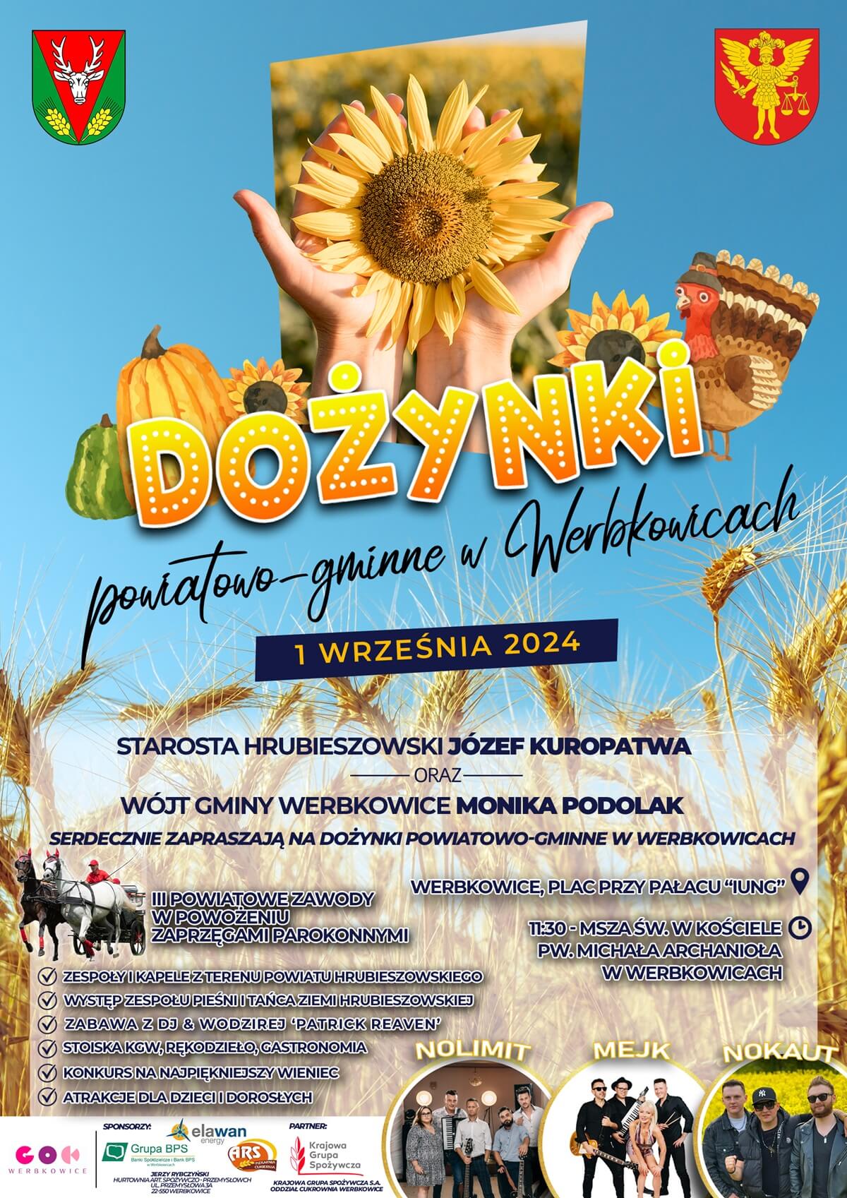 Dożynki powiatowe w Werbkowicach 2024. Wystąpią: Mejk, Nokaut i No Limit. Zobacz godzinowy program 1 Dożynki powiatu hrubieszowskiego w Werbkowicach 2024 - plakat, program wydarzenia