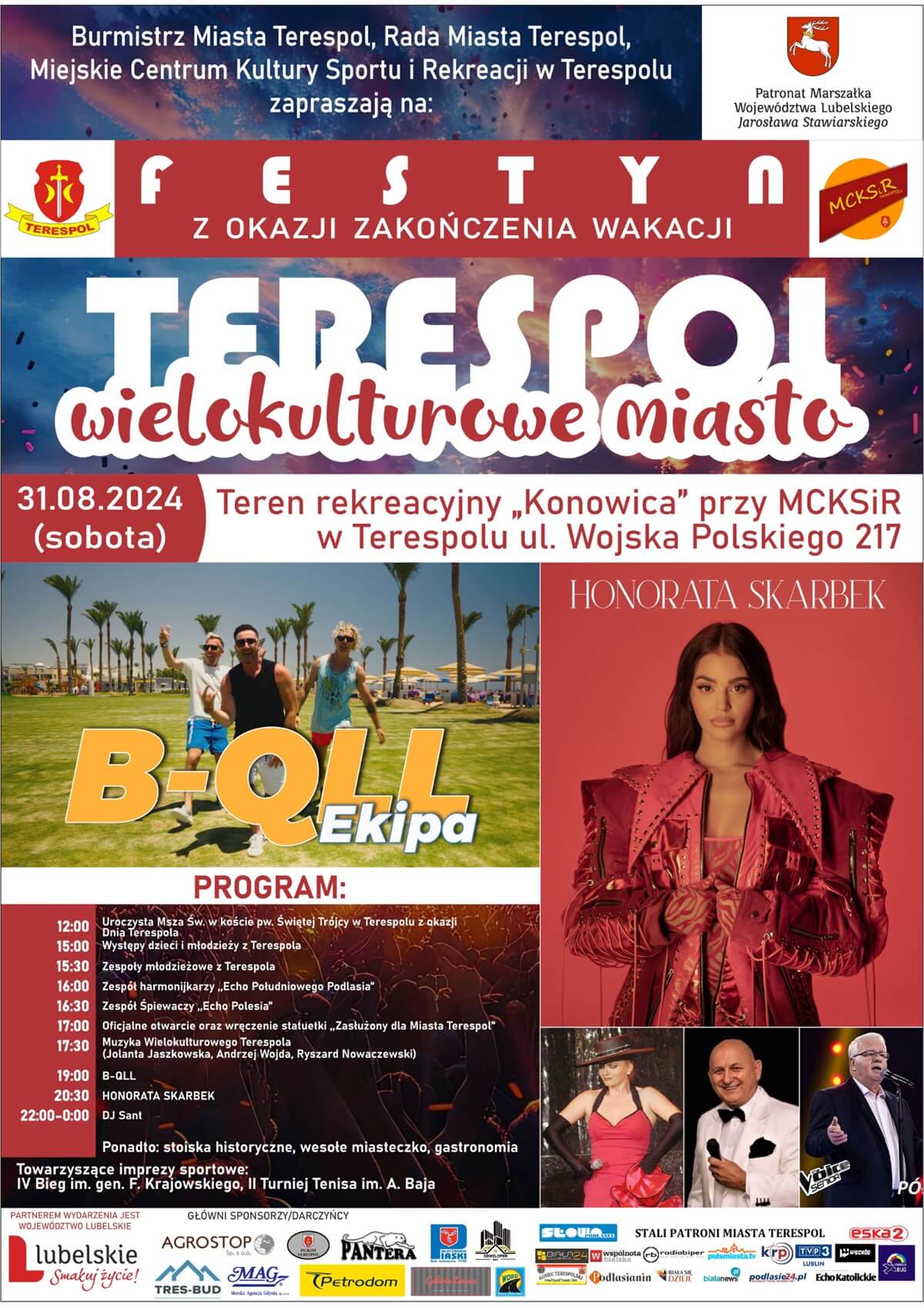 Festyn na zakończenie wakacji w Terespolu 2024. Wystąpią: B-QLL i Honorata Skarbek. Zobacz godzinowy program 1 Festyn na zakończenie wakacji „Terespol - Wielokulturowe Miasto” - plakat, program wydarzenia
