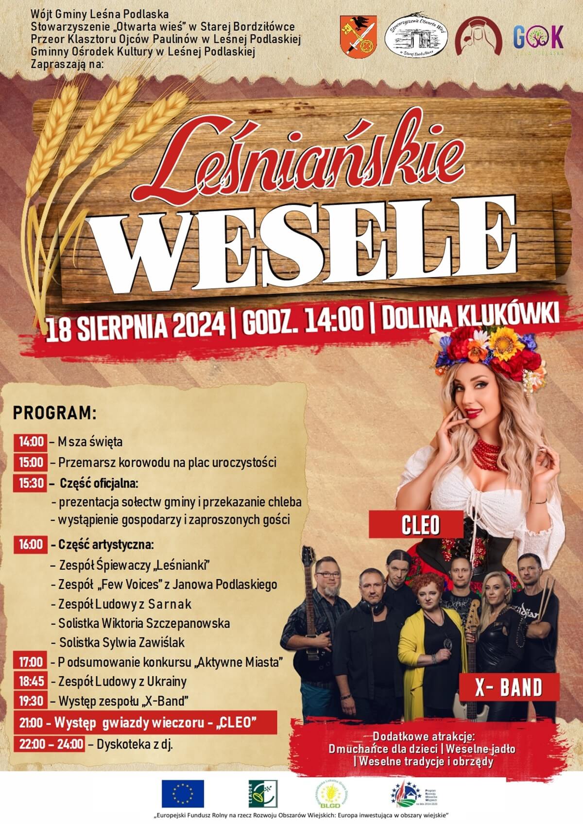 Dożynki w Dolinie Klukówki 2024. Gwiazdą wieczoru Cleo. Zobacz godzinowy program 1 Dożynki w Dolinie Kuklówki - Leśniańskie Wesele 2024 - plakat, program wydarzenia