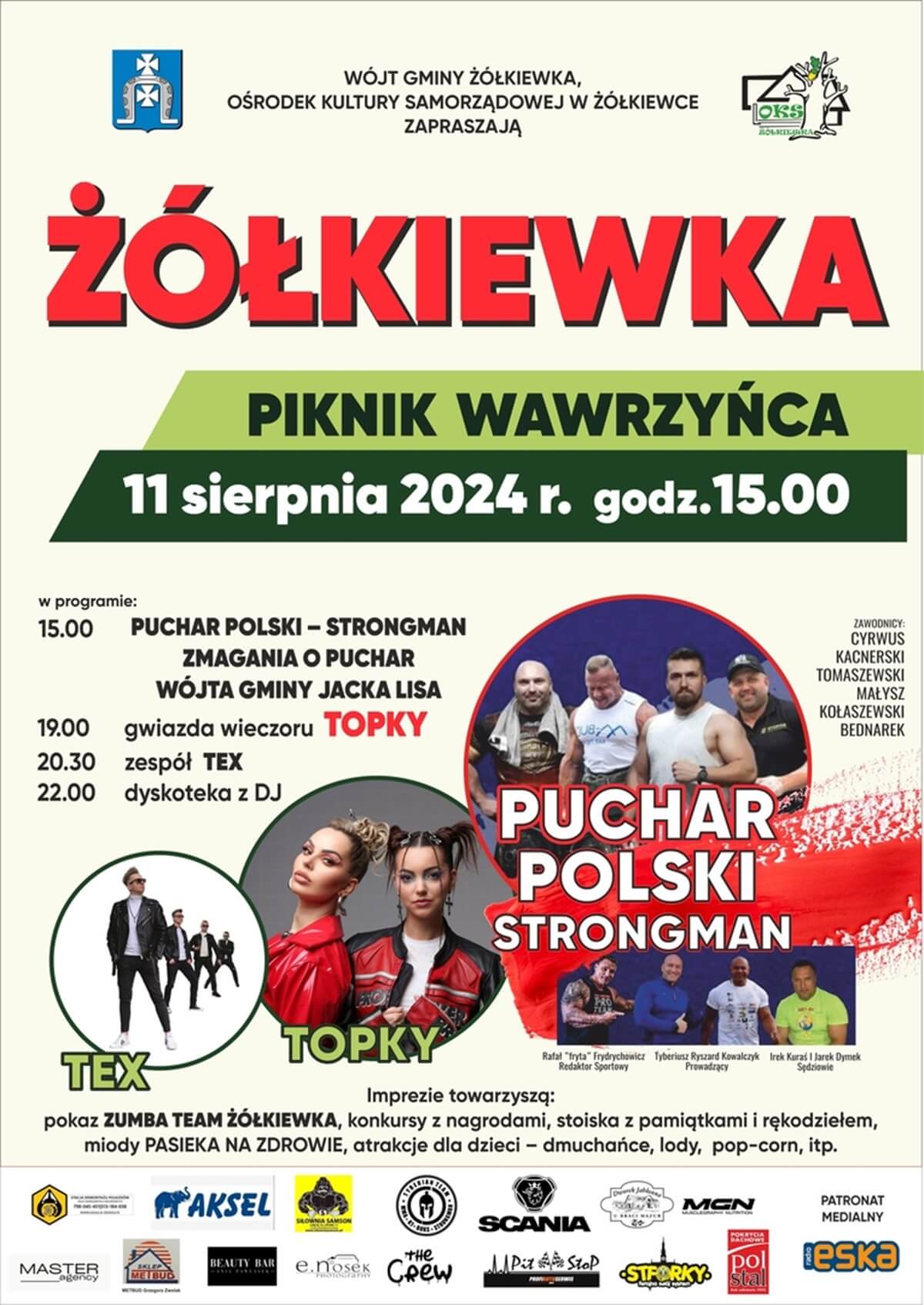 Piknik Wawrzyńca w Żółkiewce 2024. Gwiazdą imprezy zespół Topky. Zobacz godzinowy program 1 Piknik Wawrzyńca w Żółkiewce 2024 - plakat, program wydarzenia