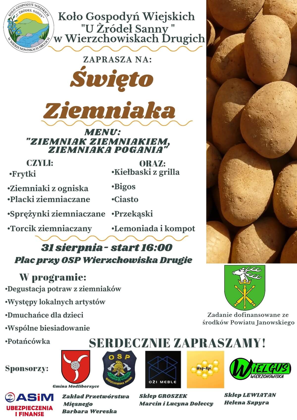 Święto Ziemniaka w Wierzchowiskach Drugich 2024. Występu lokalnych zespołów. Zobacz program wydarzenia 1 Święto Ziemniaka w Wierzchowiskach Drugich 2024 - plakat, program wydarzenia