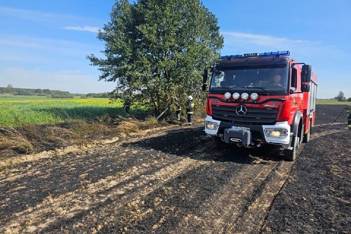 Pożar nieużytków w pobliżu Przybysławic – jednostki OSP w akcji 1 Samochód gaśniczy gasi nieużytki