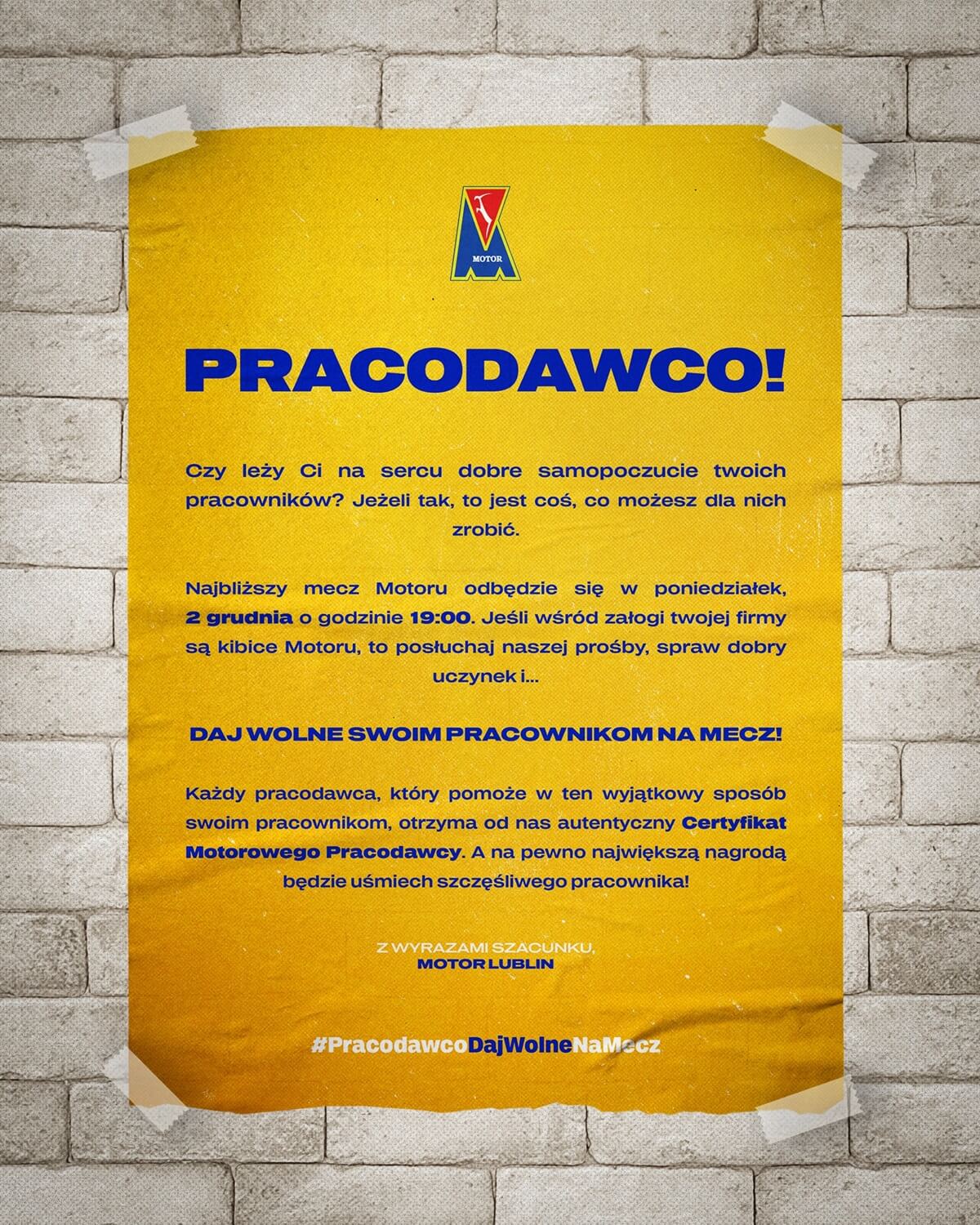 Motor Lublin: „Daj wolne swoim pracownikom na mecz!”