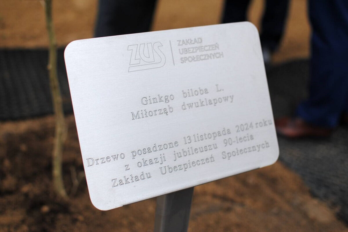 Lubelski ZUS świętuje 90-lecie. Symboliczne drzewo posadzone na terenie oddziału 1 tabliczka