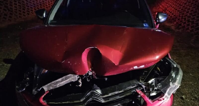 Samochód wjechał w leżące na jezdni drzewo. Do akcji wkroczyli strażacy z OSP i usunęli konar 1 Zniszczony przód samochodu Citroen