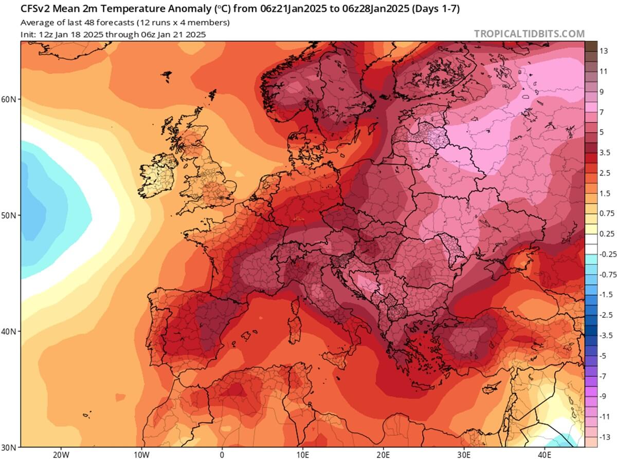Pogodowa anomalia: Temperatura o 5°C wyższa od normy, a zimy wciąż brak. Czy grozi nam susza? 1 Mapa anomalii temperatury na wysokości 2 metrów w Europie w dniach 21–28 stycznia 2025. Czerwone i różowe odcienie wskazują na dodatnie odchylenia temperatury sięgające nawet 5°C i więcej w Polsce oraz Europie Środkowo-Wschodniej