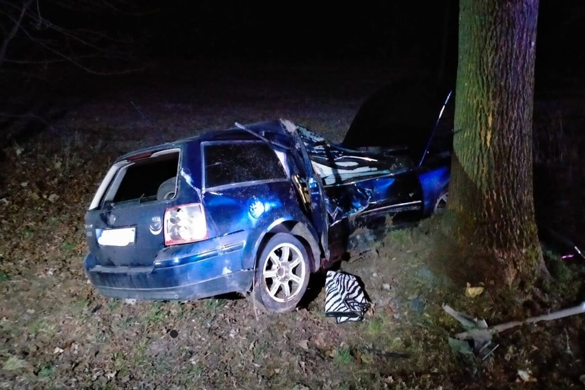 Wyprzedzał na zakręcie i uderzył w drzewo. 18-letnia pasażerka nie żyje, 19-letni kierowca w stanie krytycznym 2 Volkswagen uderzył w drzewo w Maciejowie Starym