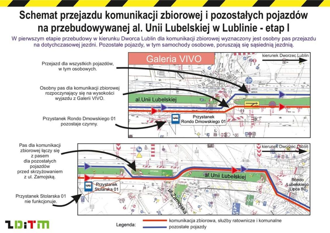 Paraliż na al. Unii Lubelskiej w Lublinie od 30 czerwca. Przewiązki, zakaz skrętu, ograniczenie prędkości i duże utrudnienia 4 Schemat czasowej organizacji ruchu na al. Unii Lubelskiej w Lublinie