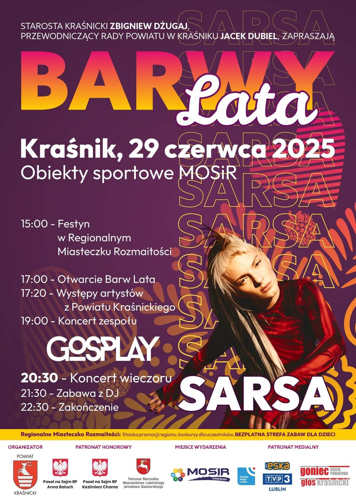Barwy Lata 2025 w Kraśniku już w tę niedzielę! Gwiazdą wieczoru będzie Sarsa 3 Festyn Barwy Lata 2025 w Kraśniku - plakat