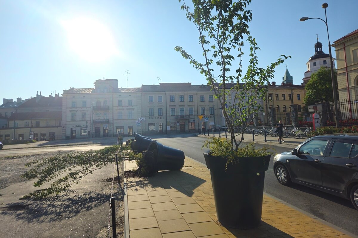 Nocny akt wandalizmu w centrum Lublina. Młodzi mężczyźni przewrócili ogromne donice z drzewami (zdjęcia) 7 Przewrócone donice z drzewami na ul. Bajkowskiego w Lublinie
