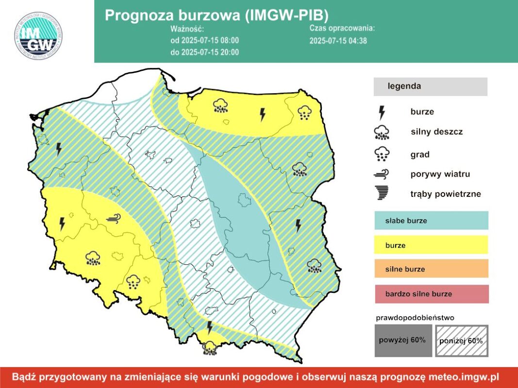 Burze wracają na Lubelszczyznę? We wtorek możliwe intensywne opady i grad 2 Prognoza burzowa IMGW na wtorek, 15 lipca 2025