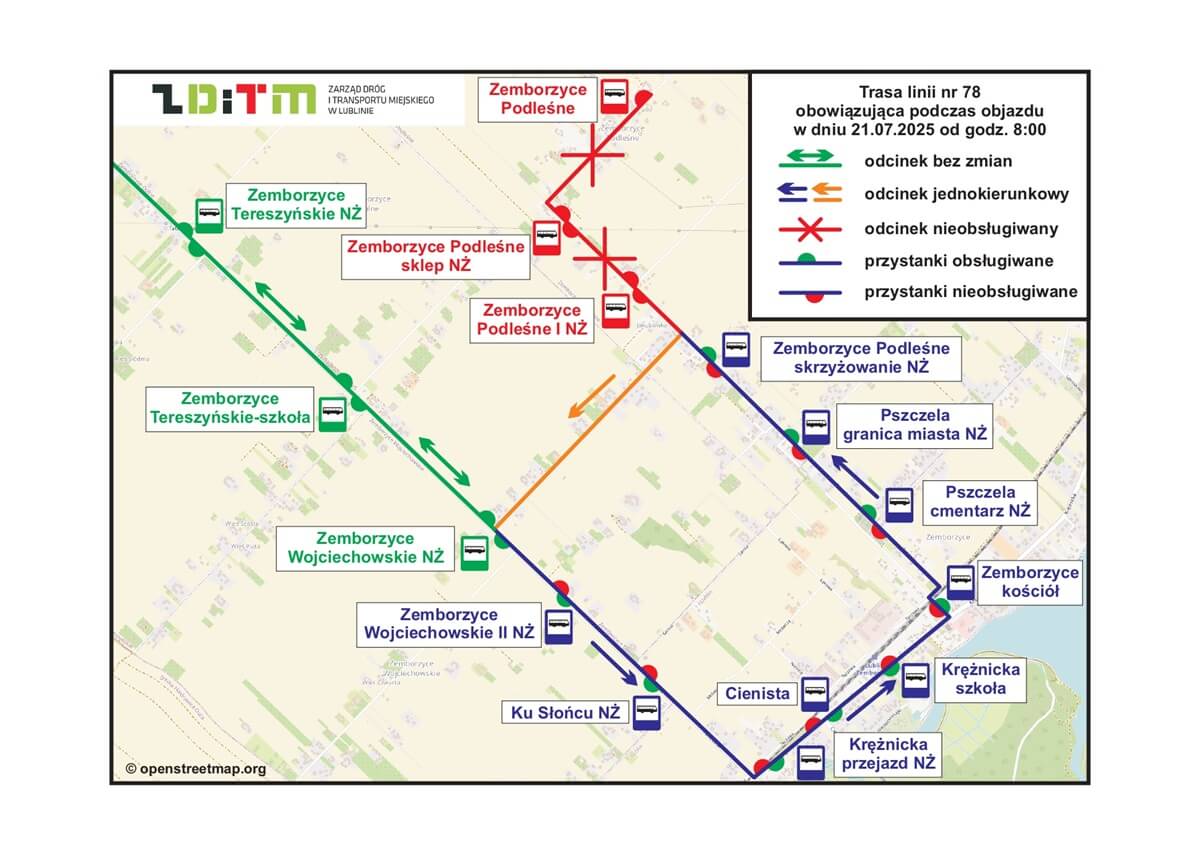 Uwaga pasażerowie! Dziś objazdy, autobusy nie obsłużą kilkunastu przystanków 2 Trasa objazdu linii nr 78 w poniedziałek, 21 lipca