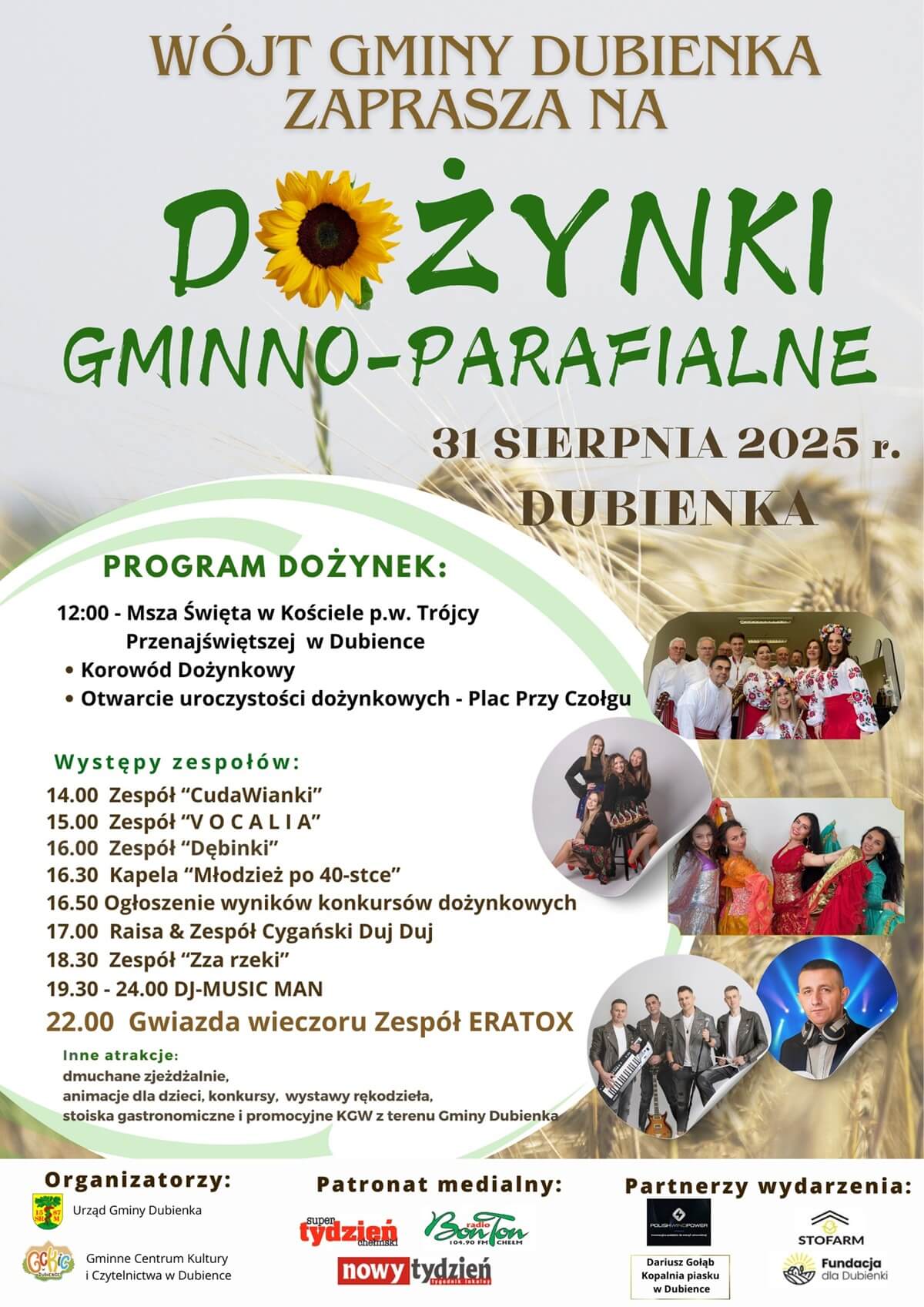 Dożynki 31 sierpnia 2025 w woj. lubelskim. Wystąpią: Budka Suflera, Boys, Poparzeni Kawą Trzy czy Classic 9 Dożynki Gminy Dubienka