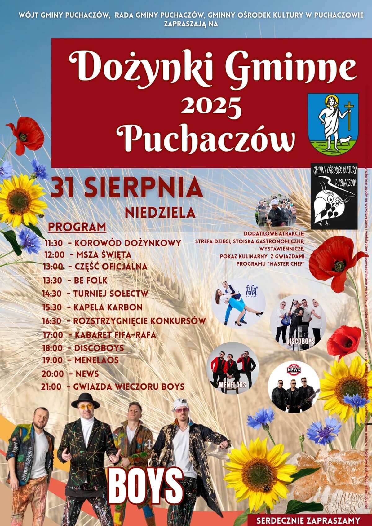 Dożynki 31 sierpnia 2025 w woj. lubelskim. Wystąpią: Budka Suflera, Boys, Poparzeni Kawą Trzy czy Classic 11 Dożynki Gminy Puchaczów
