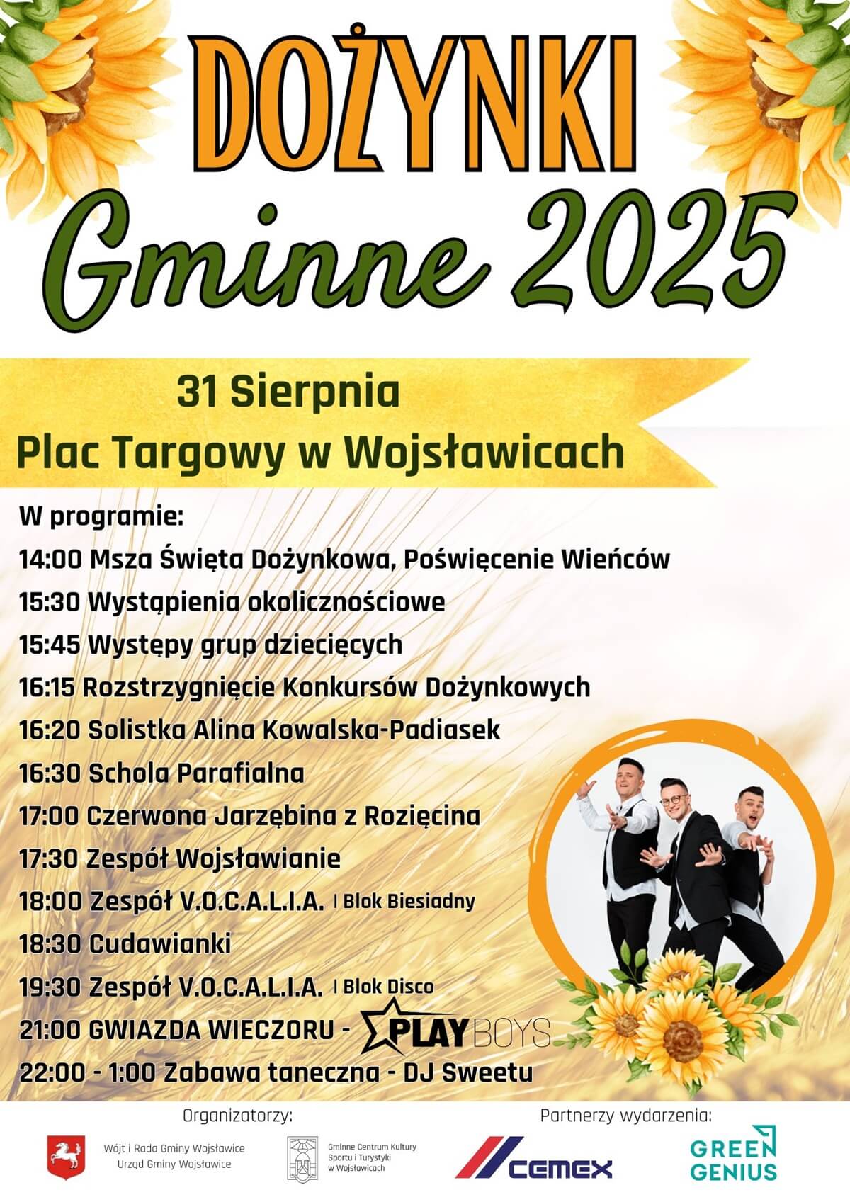 Dożynki 31 sierpnia 2025 w woj. lubelskim. Wystąpią: Budka Suflera, Boys, Poparzeni Kawą Trzy czy Classic 16 Dożynki Gminy Wojsławice