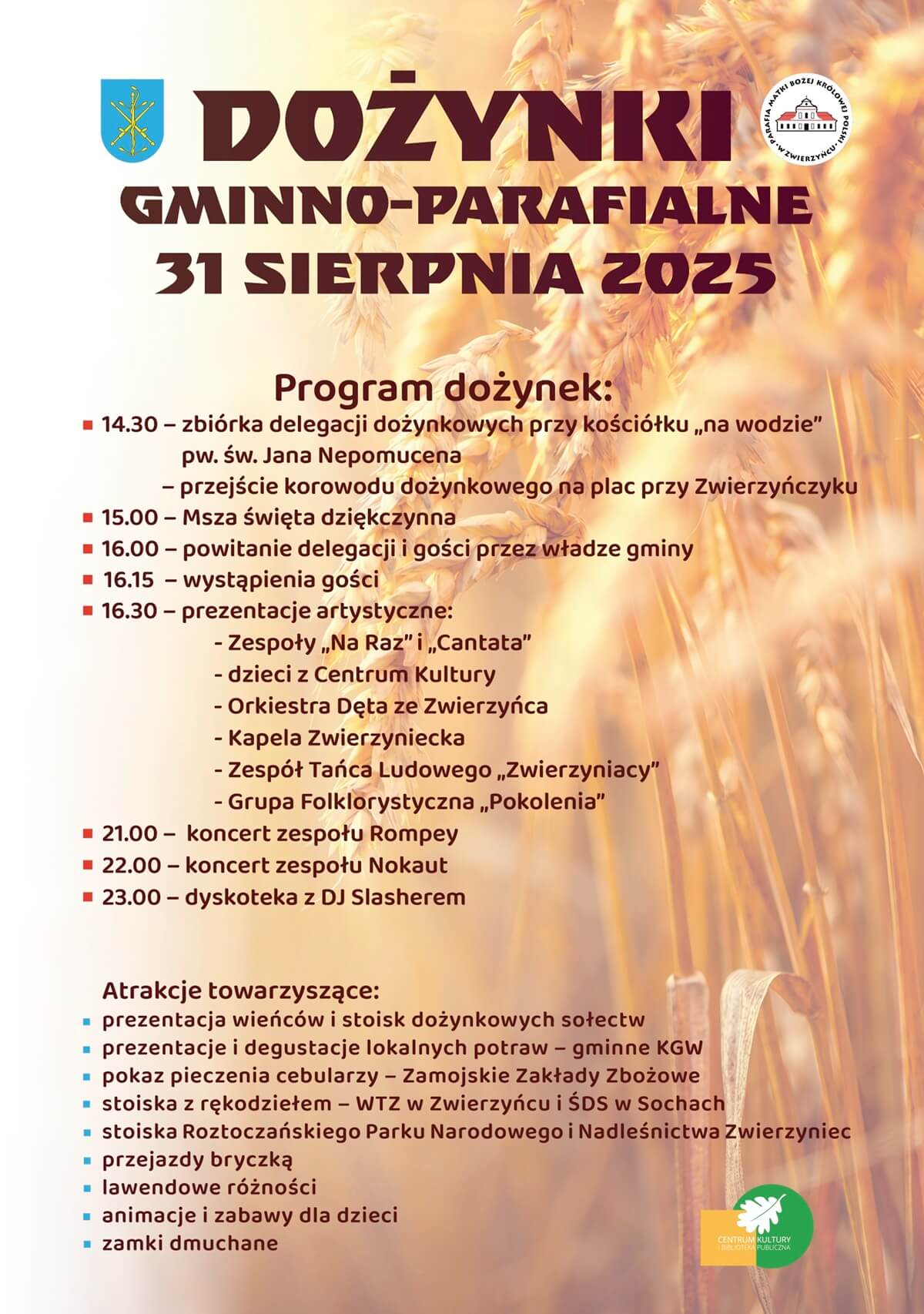 Dożynki 31 sierpnia 2025 w woj. lubelskim. Wystąpią: Budka Suflera, Boys, Poparzeni Kawą Trzy czy Classic 17 Dożynki Gminy Zwierzyniec