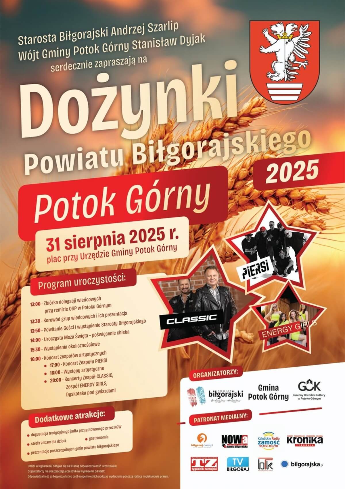 Dożynki 31 sierpnia 2025 w woj. lubelskim. Wystąpią: Budka Suflera, Boys, Poparzeni Kawą Trzy czy Classic 4 Dożynki Powiatu Biłgorajskiego w Potoku Górnym