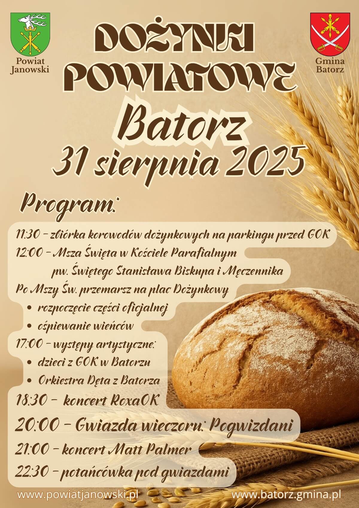 Dożynki 31 sierpnia 2025 w woj. lubelskim. Wystąpią: Budka Suflera, Boys, Poparzeni Kawą Trzy czy Classic 6 Dożynki Powiatu Janowskiego w Batorzu