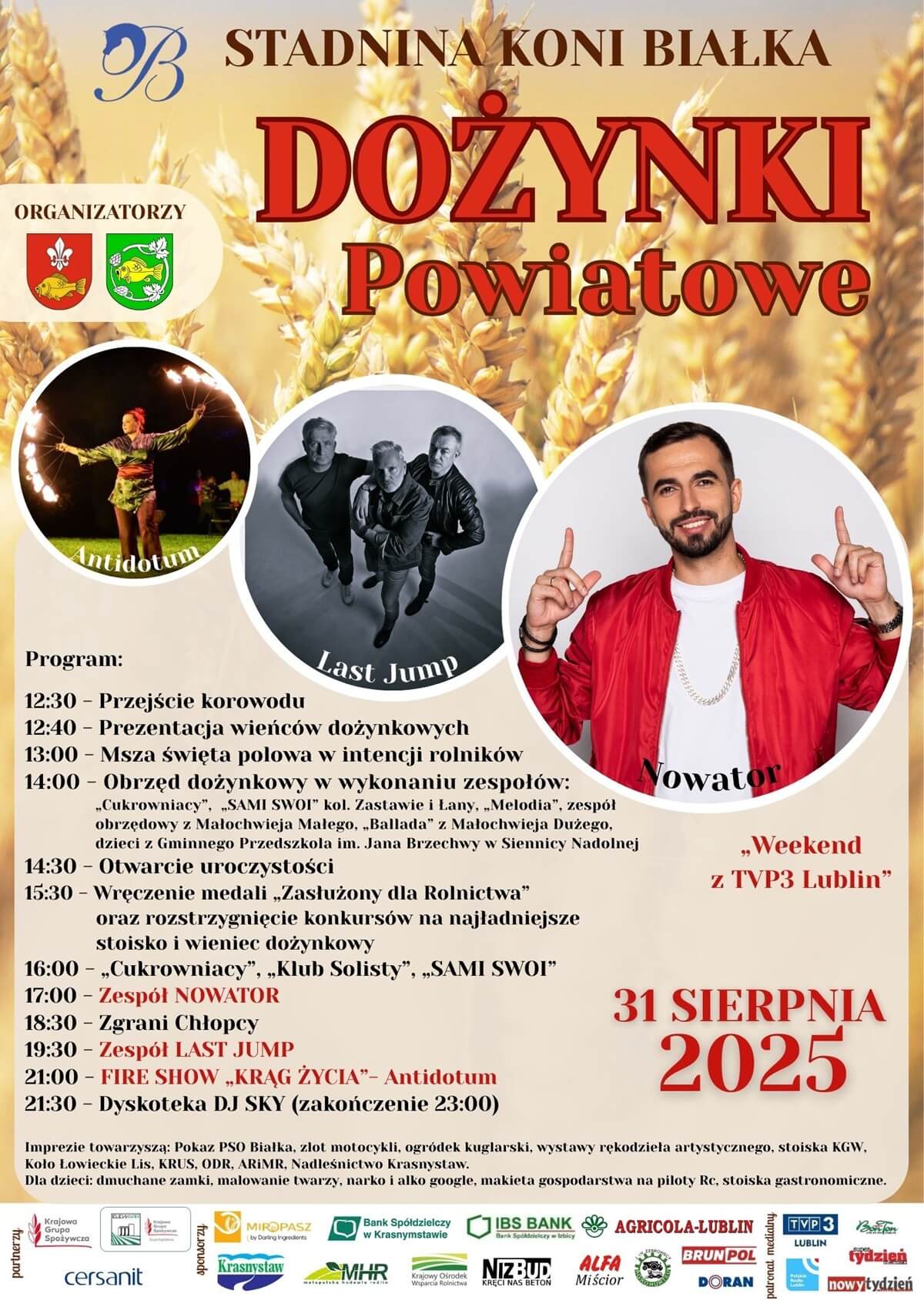 Dożynki 31 sierpnia 2025 w woj. lubelskim. Wystąpią: Budka Suflera, Boys, Poparzeni Kawą Trzy czy Classic 5 Dożynki Powiatu Krasnostawskiego w Białce