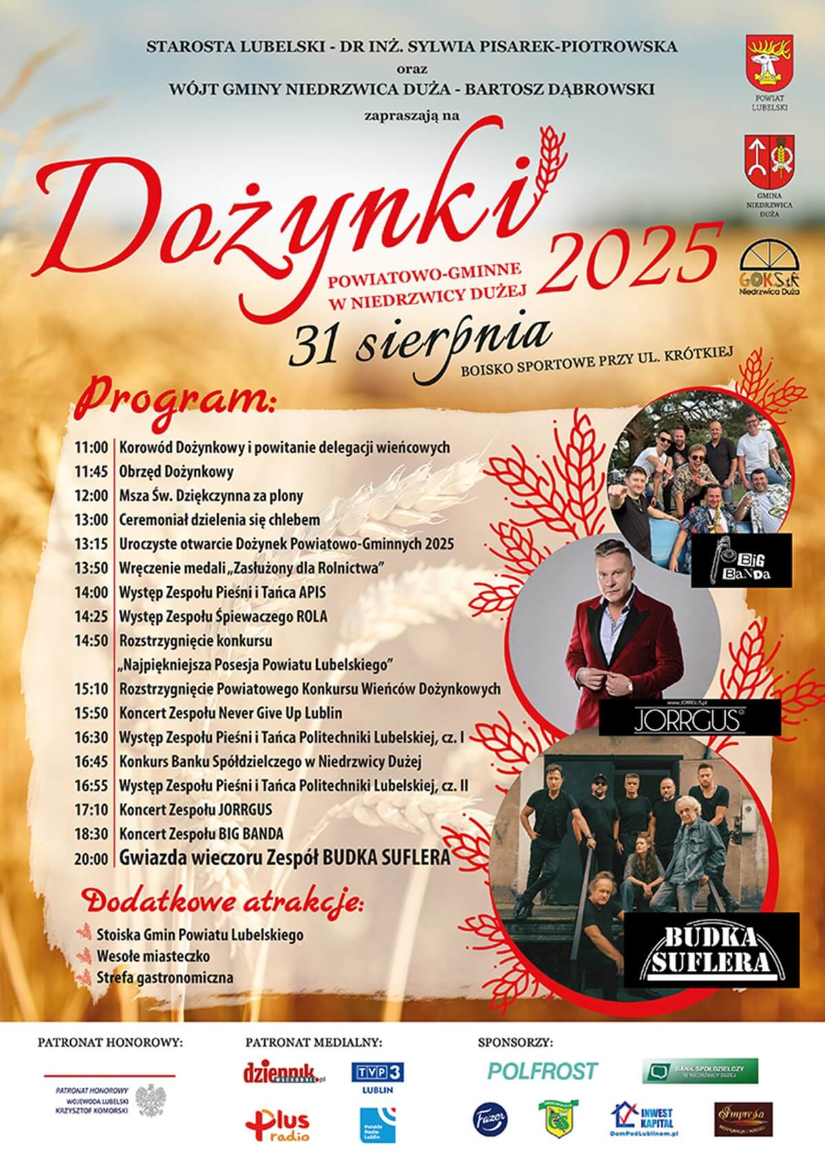 Dożynki 31 sierpnia 2025 w woj. lubelskim. Wystąpią: Budka Suflera, Boys, Poparzeni Kawą Trzy czy Classic 2 Dożynki Powiatu Lubelskiego w Niedrzwicy Dużej