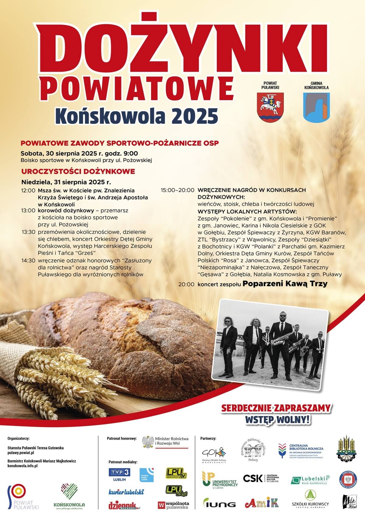 Dożynki 31 sierpnia 2025 w woj. lubelskim. Wystąpią: Budka Suflera, Boys, Poparzeni Kawą Trzy czy Classic 3 Dożynki Powiatu Puławskiego w Końskowoli