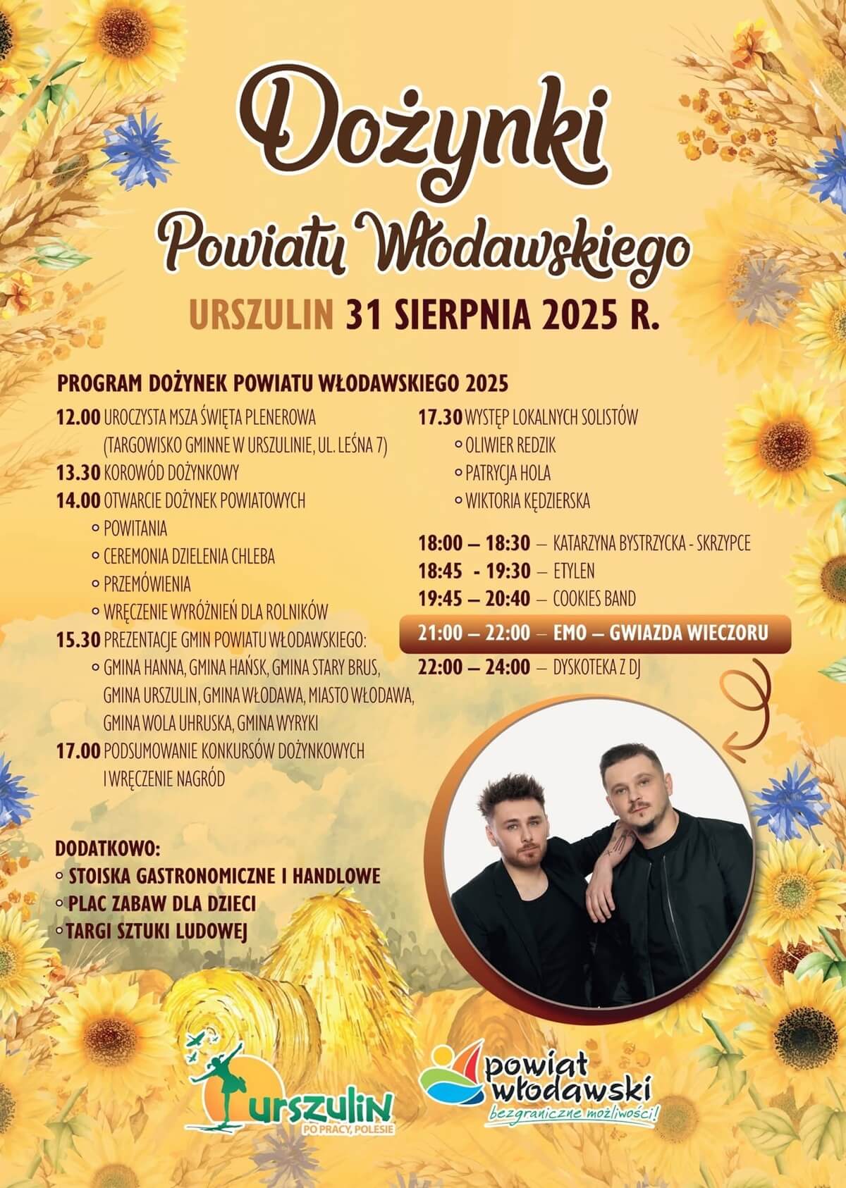 Dożynki Powiatu Włodawskiego 2025 w Urszulinie. Gwiazdą wieczoru zespół EMO 3 Dożynki Powiatu Włodawskiego 2025 - plakat