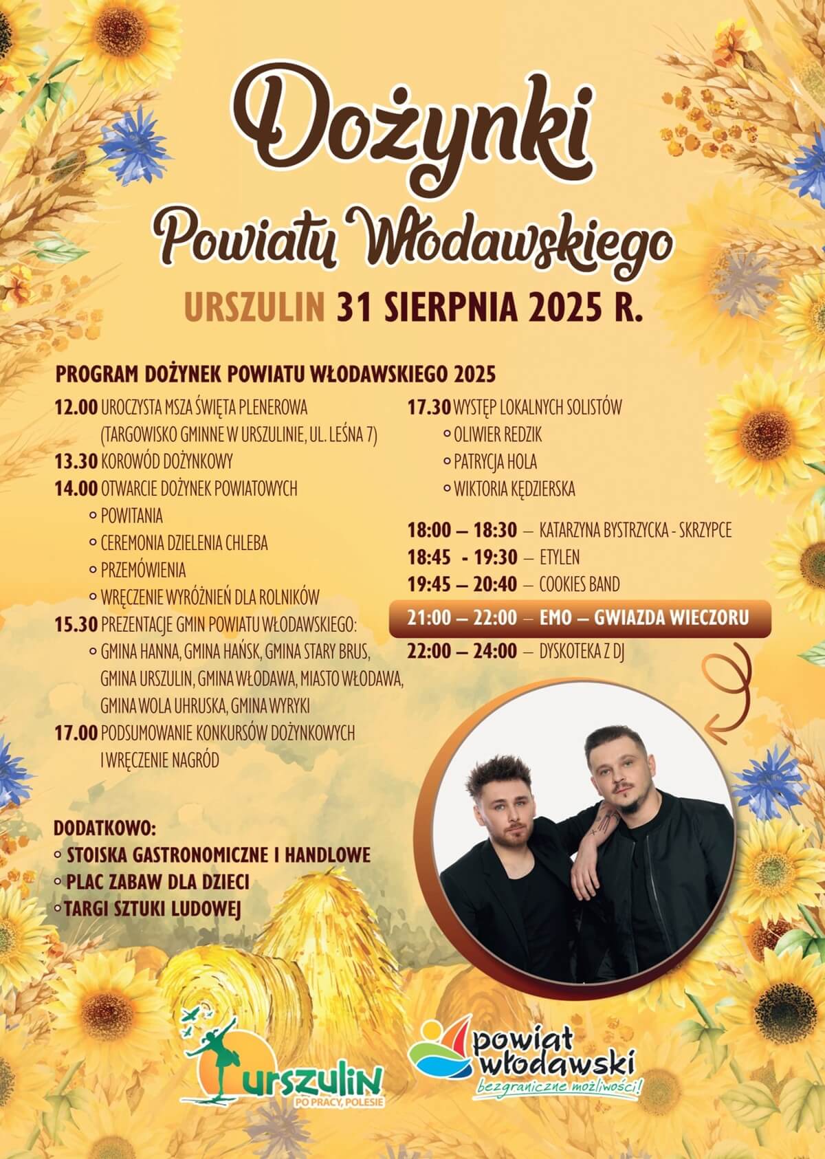 Dożynki 31 sierpnia 2025 w woj. lubelskim. Wystąpią: Budka Suflera, Boys, Poparzeni Kawą Trzy czy Classic 7 Dożynki Powiatu Włodawskiego w Urszulinie