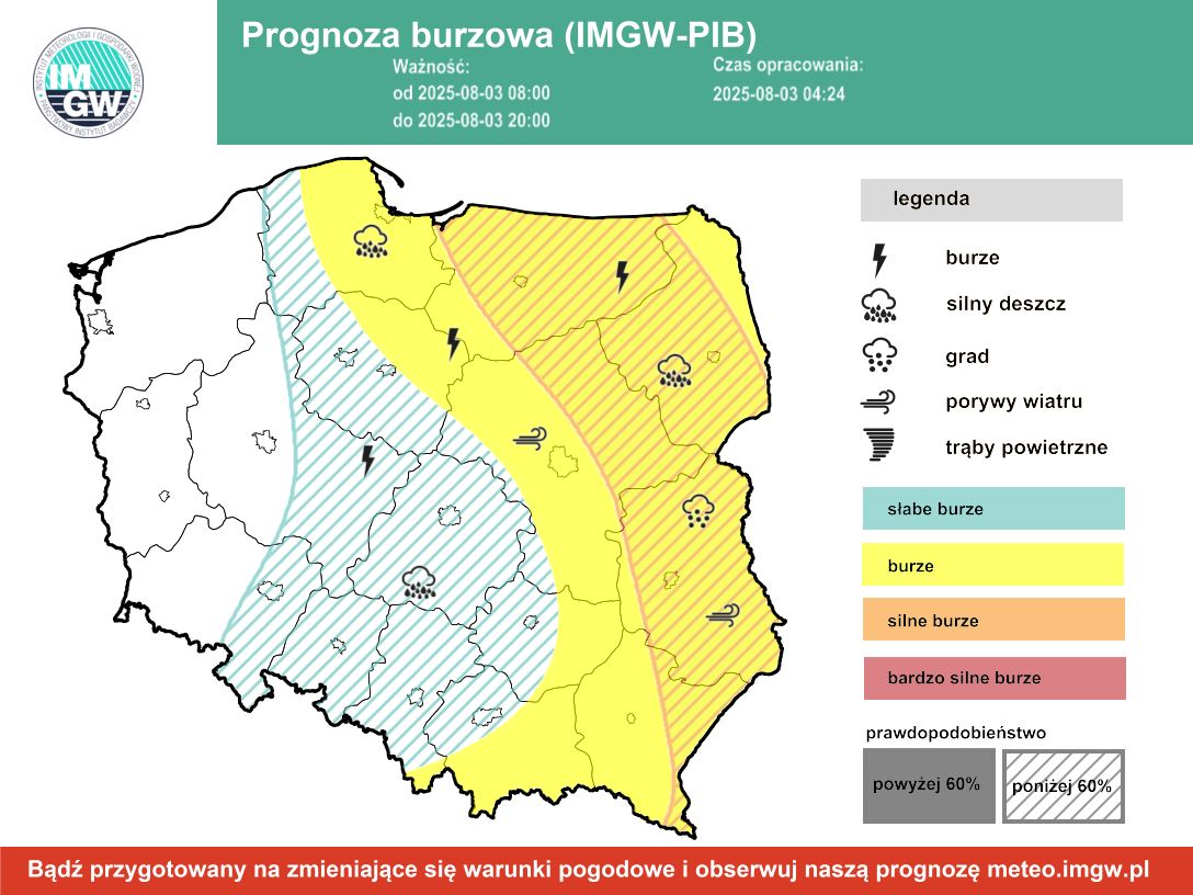 Najpierw upał, później gwałtowne burze. IMGW wydał alerty dla całej Lubelszczyzny 2 Prognoza burzowa IMGW na niedzielę 3 sierpnia 2025