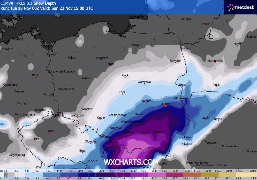 Mapa prognozowanych opadów w niedzielę 23 listopada