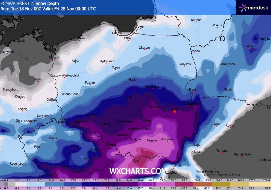 Mapa prognozowanych opadów w piątek 28 listopada