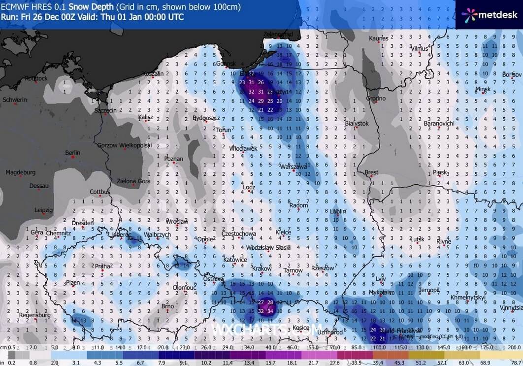 Prognozowany przyrost pokrywy śnieżnej 1 stycznia 2026