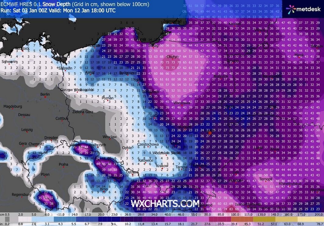 Atak zimy nadciąga nad Lubelszczyznę? Prognozy mówią nawet o 30 cm śniegu i -20°C 1 Prognozowany przyrost warstwy śniegu na poniedziałek, 12 stycznia 2026