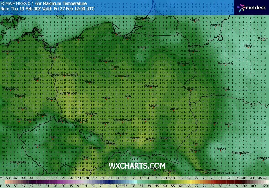 Prognozowana temperatura w piątek, 27 lutego 2026