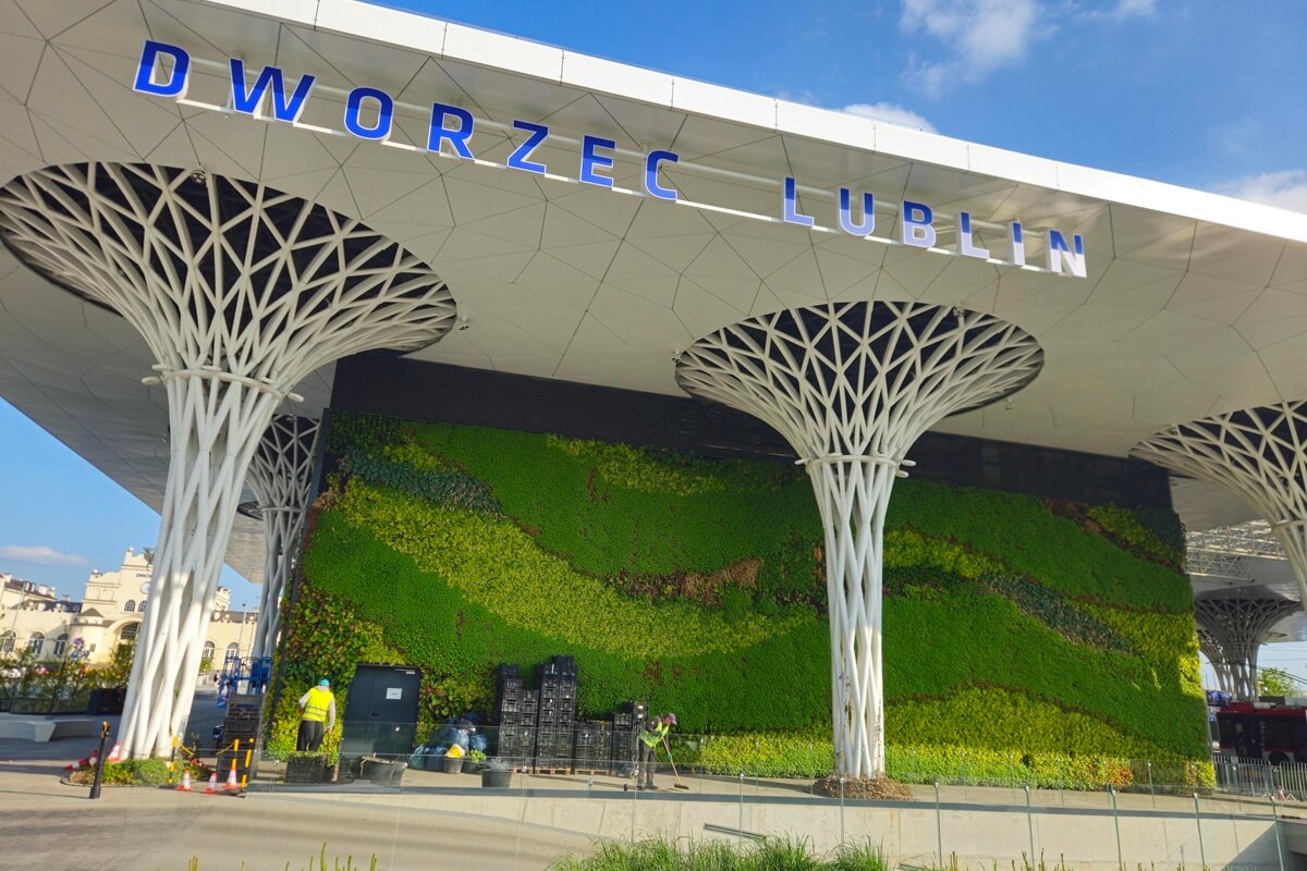 Zielona ściana Dworca Lublin przechodzi „naprawę”. Część roślin nie przetrwała zimy 2 Wymiana uschniętych roślin na zielonej ścianie Dworca Lublin