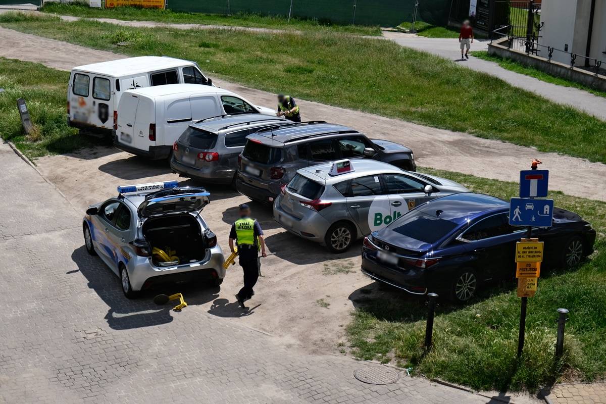 Strażnicy miejscy zakładający blokady na zaparkowane auta na trawniku przy ul. Podwale