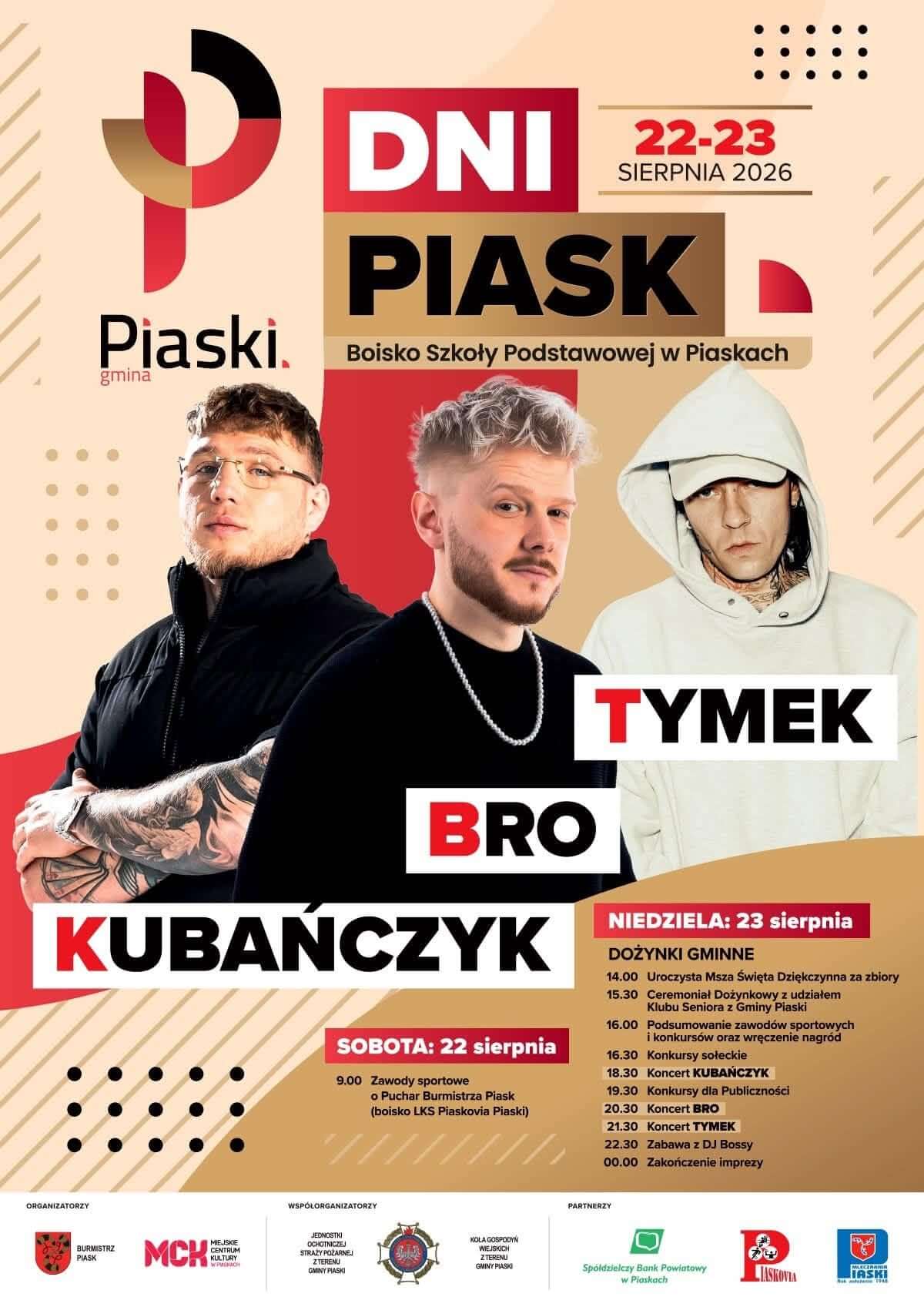 Dni Piask 2026 połączone z dożynkami. Znamy program! Wystąpią Kubańczyk, B.R.O i Tymek 2 Dni Piask 2026