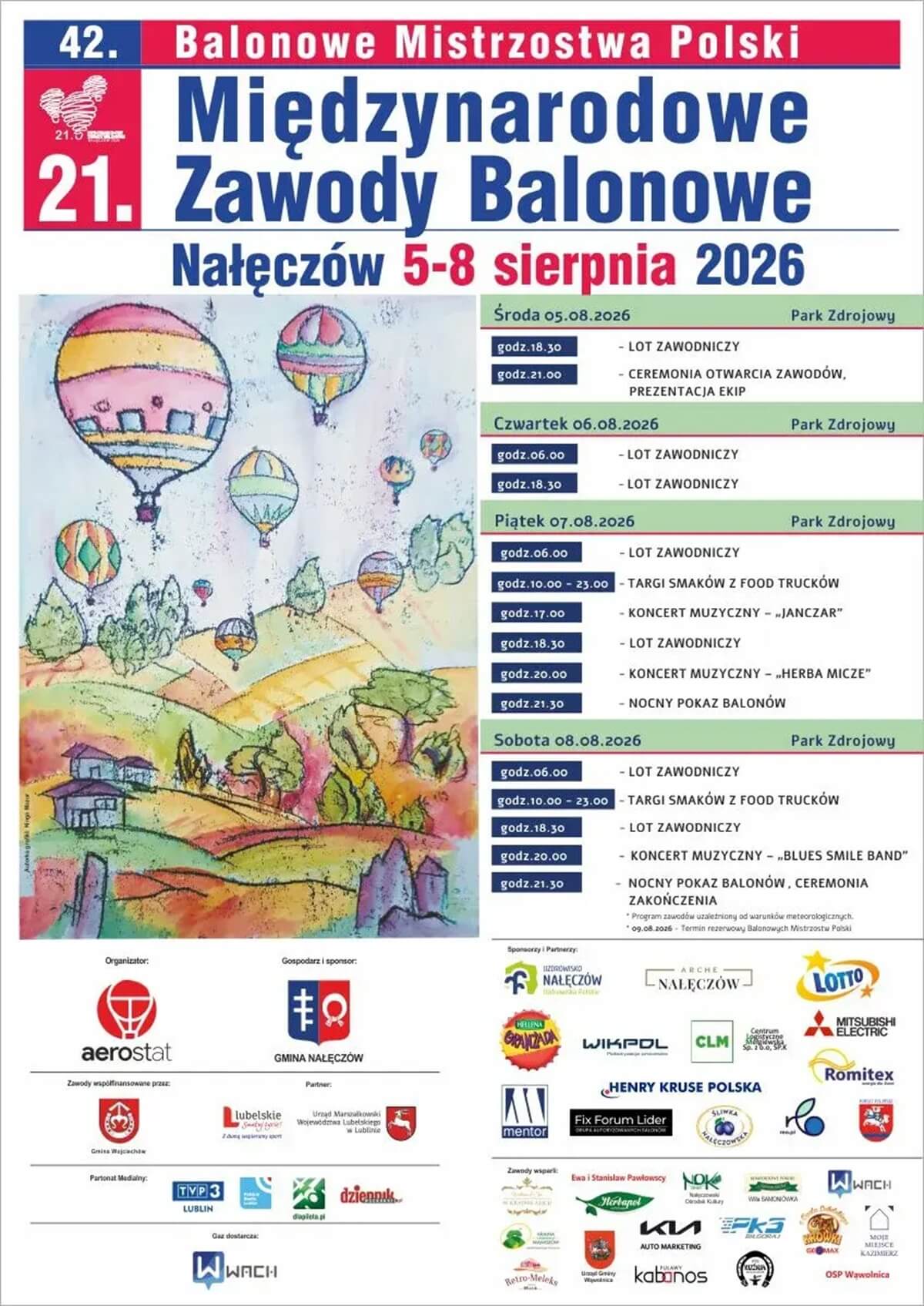 Nałęczów stolicą baloniarstwa. Dziś start 21. Międzynarodowych Zawodów Balonowych. Program 5-8 sierpnia 2 Międzynarodowe Zawody Balonowe Nałęczów 2026 - plakat