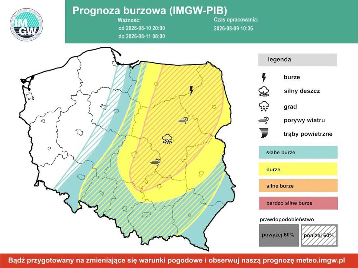 Upalny poniedziałek i burzowa noc na Lubelszczyźnie. IMGW ostrzega mieszkańców! 1 Prognoza burzowa IMGW na noc z poniedziałku na wtorek 10/11 sierpnia 2026 r.