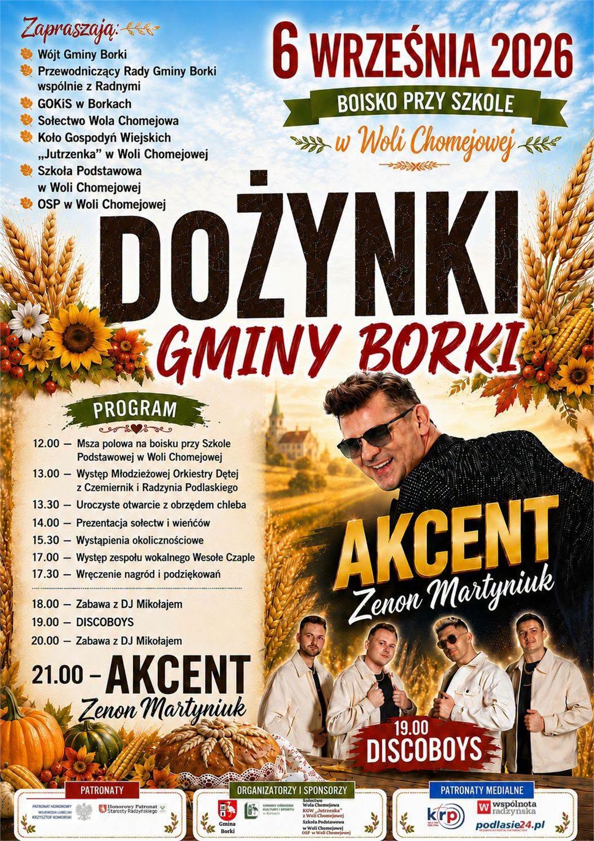Dożynki i koncerty gwiazd w niedzielę, 6 września. Zenon Martyniuk, B.R.O, Czerwone Gitary, Defis 8 dozynki borki wola chomejowa 2026 225d7f76efe6