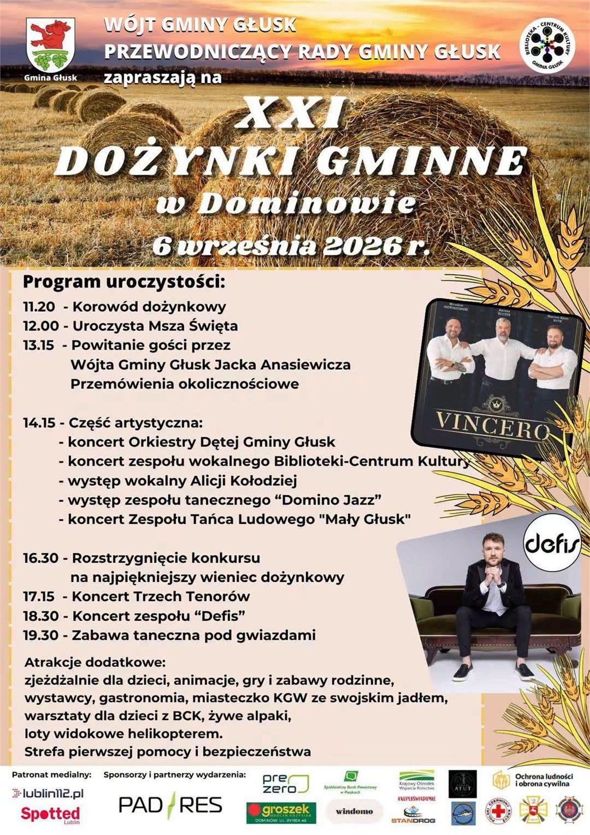 Dożynki i koncerty gwiazd w niedzielę, 6 września. Zenon Martyniuk, B.R.O, Czerwone Gitary, Defis 11 dozynki glusk dominow 2026 ccec13c6a31e
