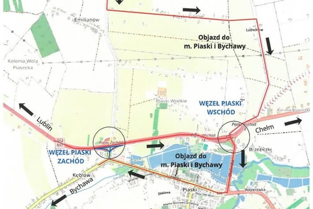 Na kilka dni zamkną ważny węzeł na trasie S12/S17. Kierowcy pojadą objazdem, szykuje się paraliż 2 Mapa objazdu na czas zamknięcia węzła S12/S17 Piaski Zachód