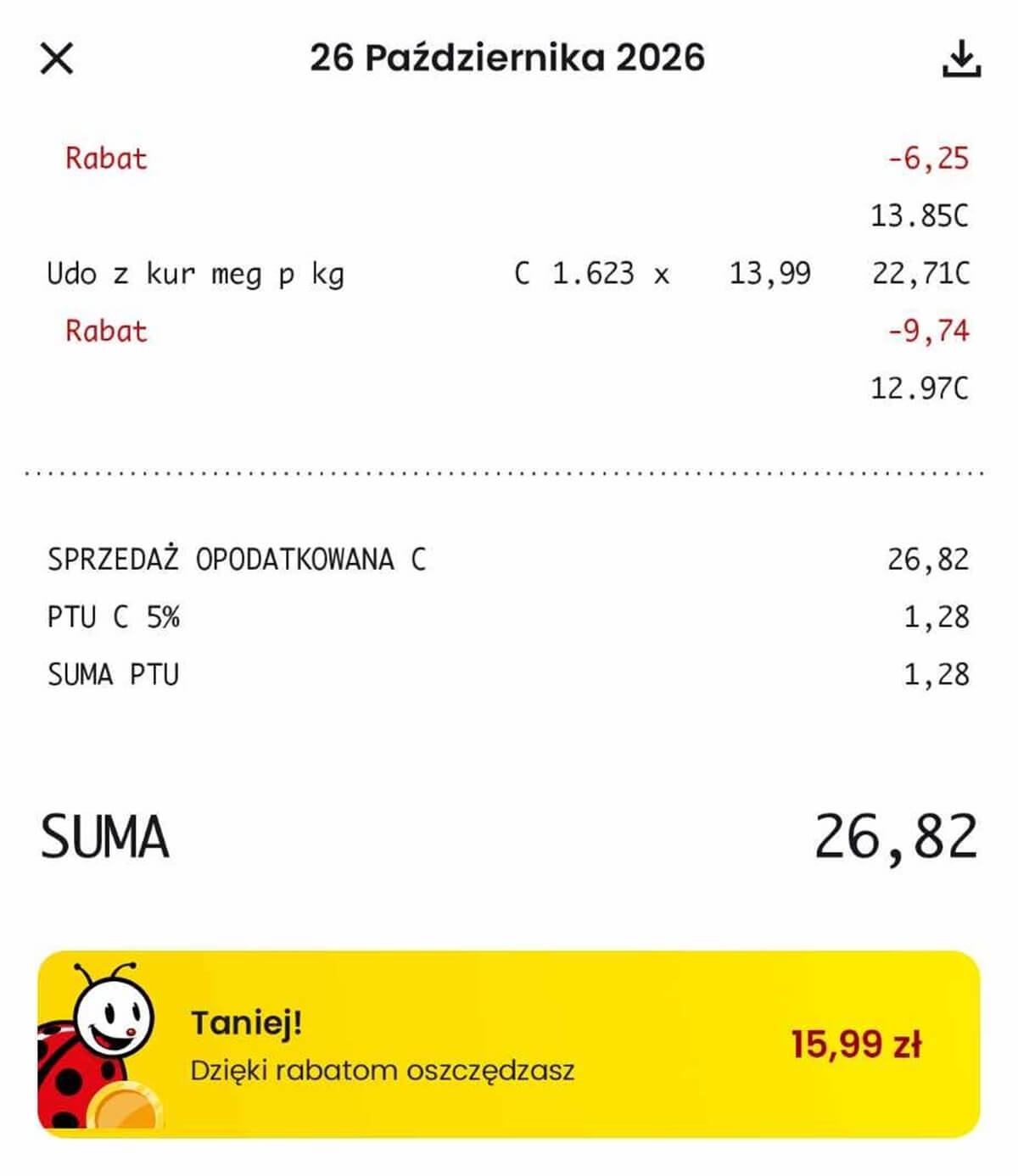 Paragon z zakupu mięsa z uda kurczaka z aplikacji Moje Biedronka